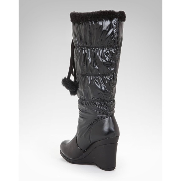 Bebe Rafa Tall Black Fur Trim Logo Puffer Wedge Boot - Picture 2 of 9